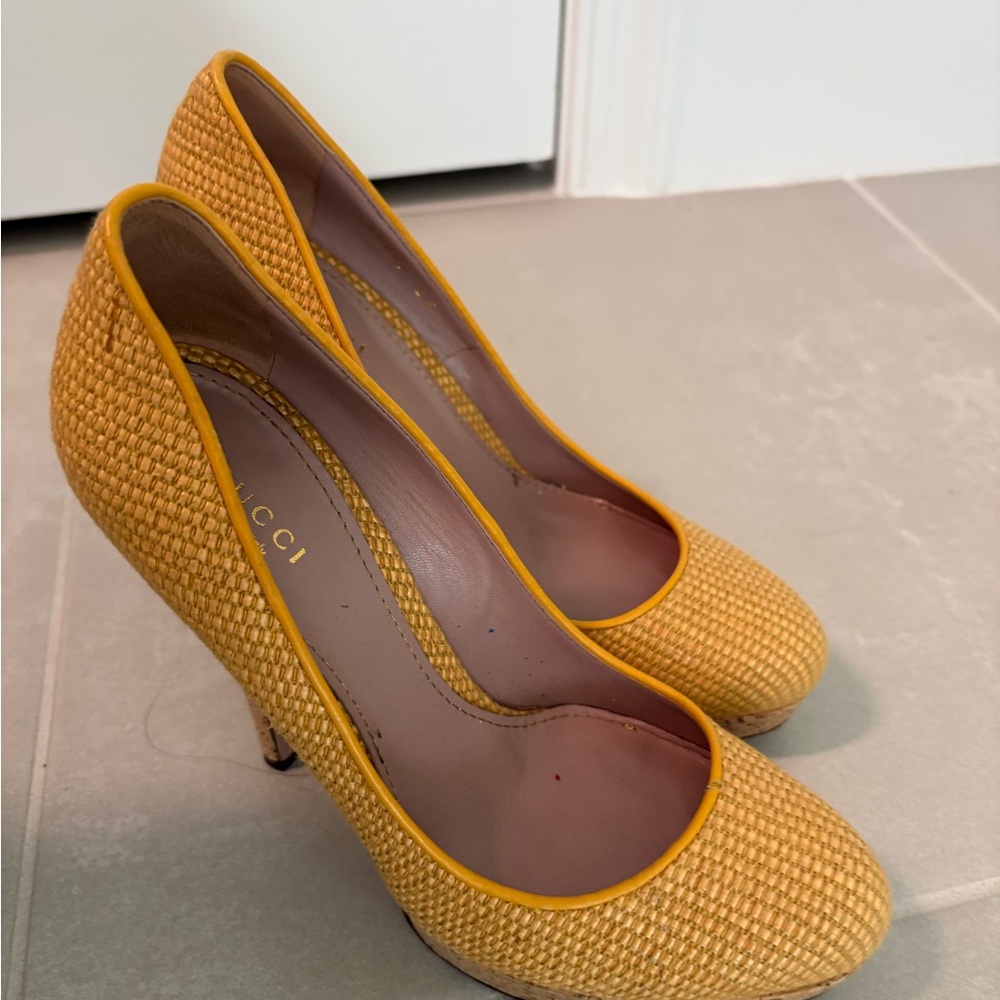 Gucci Yellow Heels with Textured Knit Design